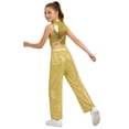 thumbnail image 5 of AOCHANG Girls Shiny Sequin Pants Dance Outfit with Mock Neck Metallic Crop Tops Jazz Hip Hop Disco Dancewear Gold 12, 5 of 6