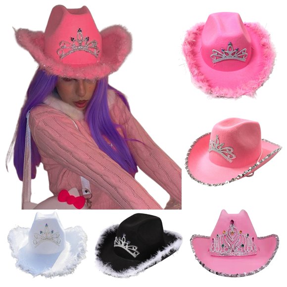 Bobasndm Western Style Cowgirl Hats For Women Girl Rolled Fedora Caps Feather Brim Beach Cowboy Hat Sequin Western Party Cap