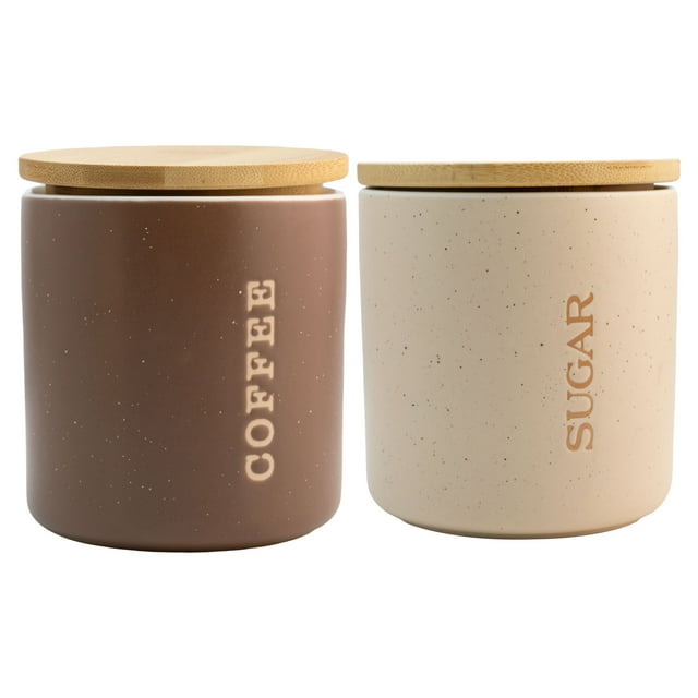 Set 2 Contenedores De Porcelana para Almacenamiento de Café Y Azúcar, Tapa Hermética de Bambú, En Tonalidad Tierra: Marrón y Beige con Caja de Regalo