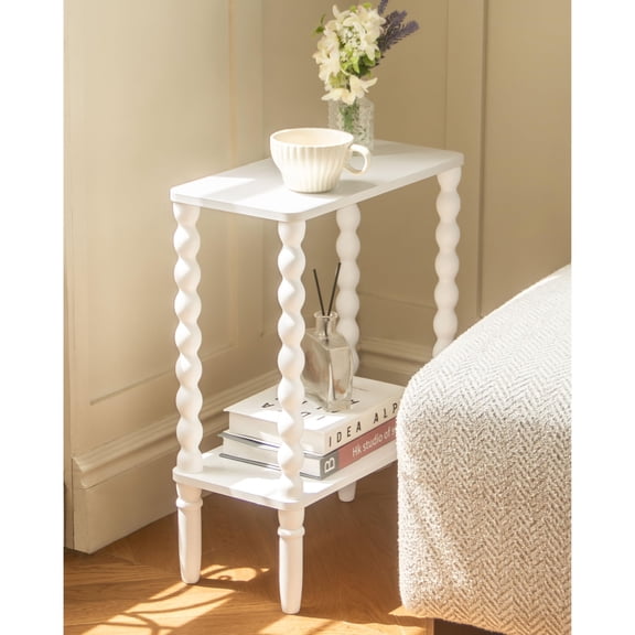 White Spindle Design Narrow End Table With 2-Tier Storage