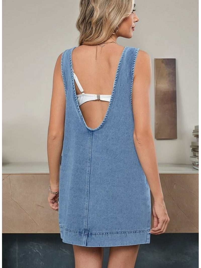 Womens Sleeveless Denim Dress Casual Summer Crewneck A Line Overall Mini  Dress Jean Jumper Pinafore with Pockets Blue L - Walmart.com