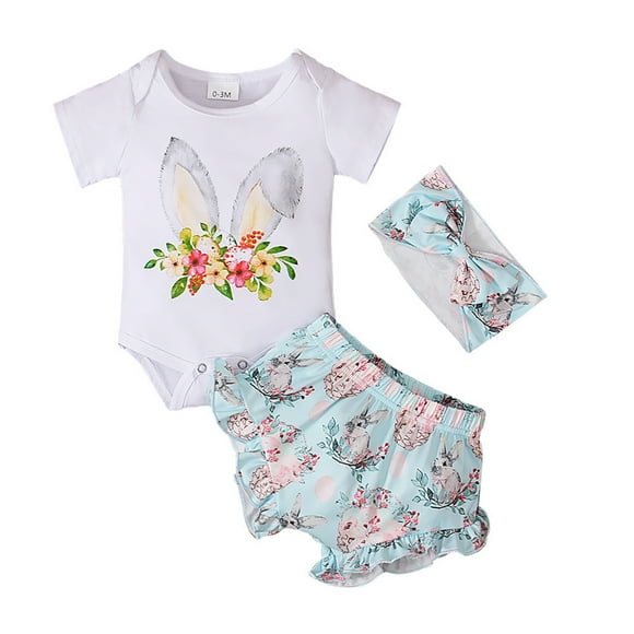 MIASHUI Baby Girl Easter Outfit Bunny Print Romper Shorts with Headband Set,White,12-18 Months