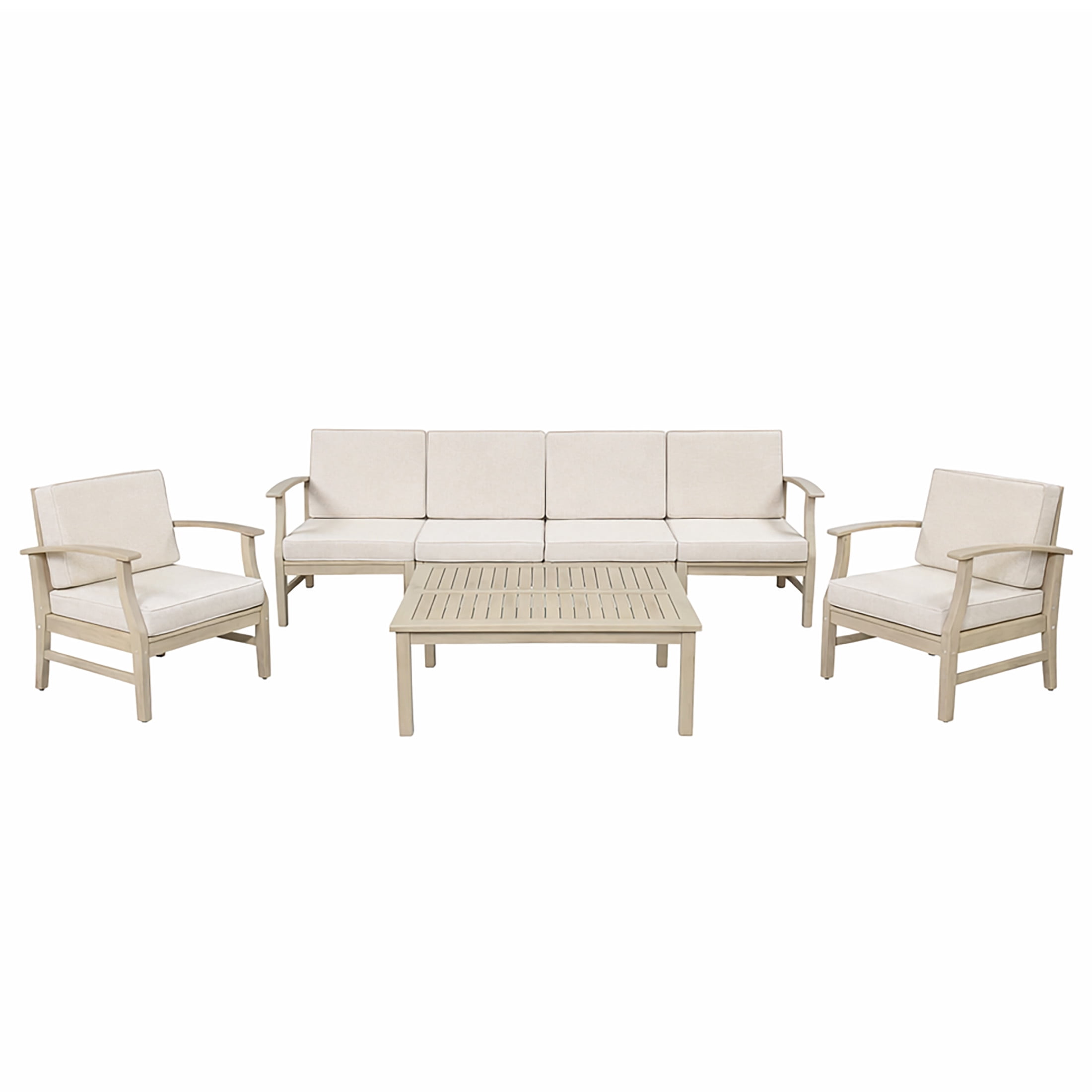 Christopher Knight Home 6-Seater Outdoor Wood Conversation Set with Table, Sand Cushions, Light White Finish