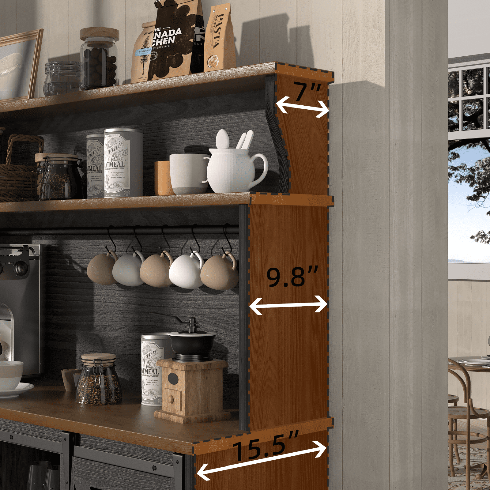Farmhouse Coffee Bar Cabinet with 3 Tier Storage Hutch, 47'' Coffee Bar Station with Sliding Barn Door, Hutch Storage Cabinet with 9 Wine Racks & 9 Hooks for Kitchen Dining Living Room