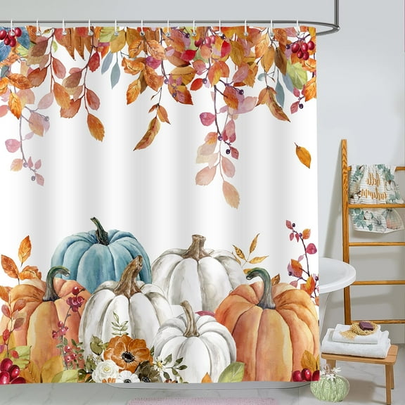 Fall Pumpkin Shower Curtain, Thanksgiving Autumn Maple Leaves Watercolor Harvest Bathroom Curtains with Hooks for Bathroom Decor, Waterproof Polyester Fabric 72x72 in