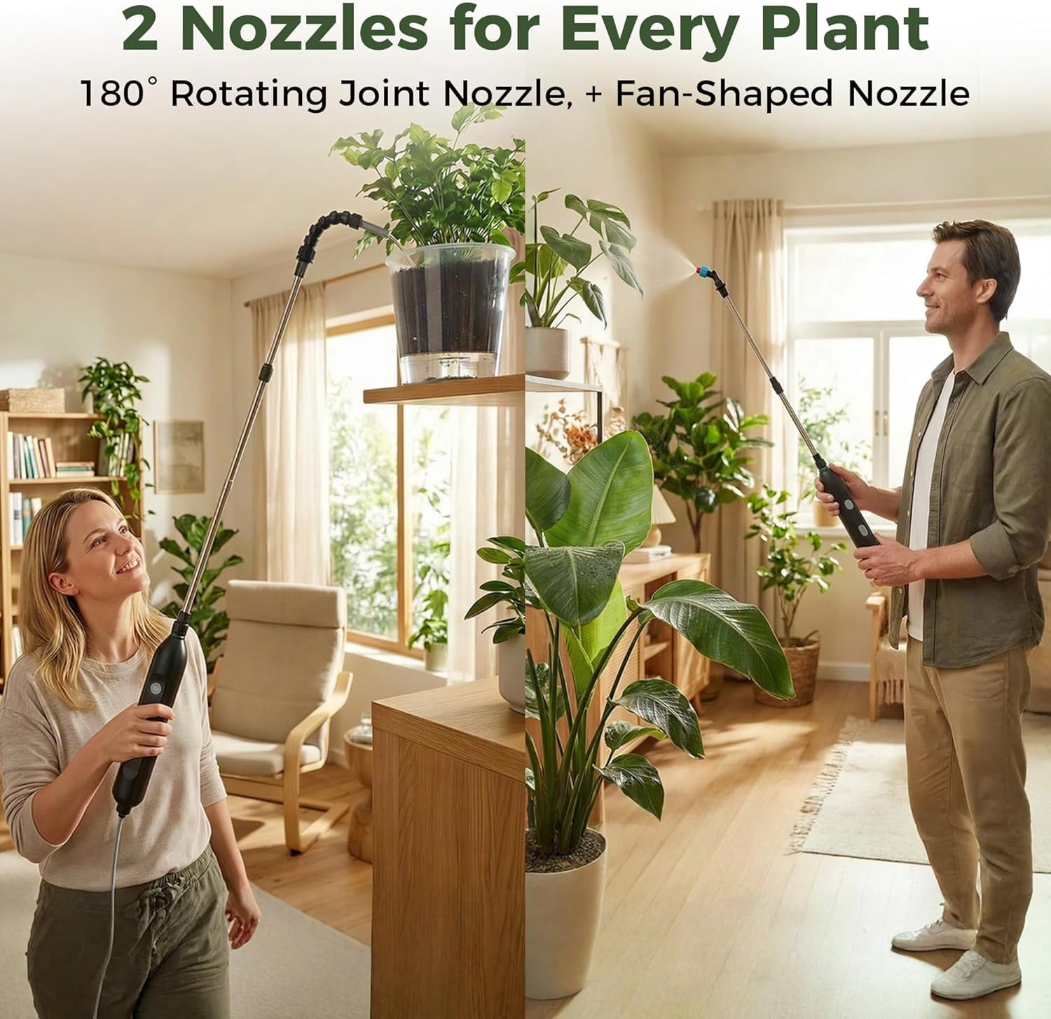 Rechargeable Cordless High Reach Plant Waterer with 25.6–33.4 in Telescopic Wand, 2 Adjustable Nozzles & 8.6ft Water Hose - Ideal for Hanging Plant Baskets, Yard, Lawn, Weeds and Potted Plants