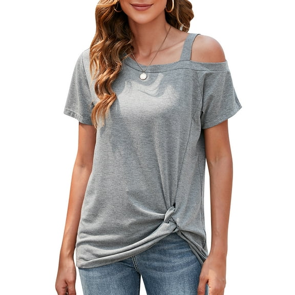 YouLoveIt Women's T Shirts Twist Knot Tops Cold Shoulder Tops Short Sleeve Twist Knot Front Tunic T Shirt Loose Blouses Tunic T Shirt for Women
