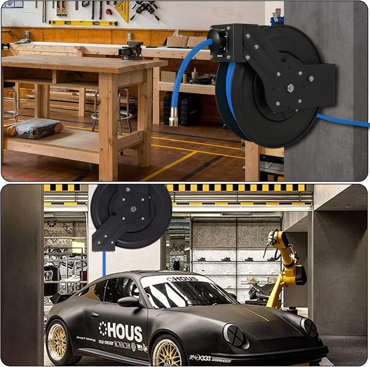 Air Hose Reel Retractable 50 Ft, Max 300PSI Air Compressor Hose Reel, Auto Rewind 3/8inch 50ft Hybrid Hose, Ceiling/Wall Mount Heavy Duty Industrial Steel Reel With Swivel Bracket
