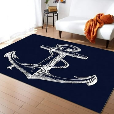 Marine Anchor Compass Bedroom Area Rug, Nautical Anchor Navy Blue Rugs, with Anti-Slip Backing Washable Indoor Carpet Decor 5ft x 7ft