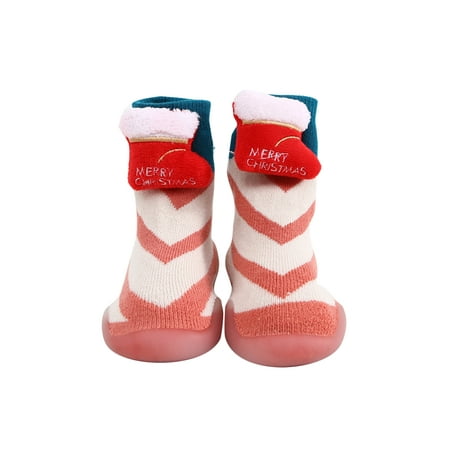 

Ritualay Toddler Infant Christmas Socks Soft Rubber Sole Floor Slippers First Walker Sock Shoes Winter Warm House Slipper Pink Shoes 6C