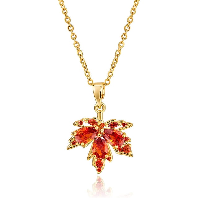 Collar delicado para mujer, colgante de cristal rojo, collar de hoja de arce, collares simples de oro de 14 quilates, joyería diaria para mujer