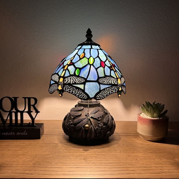 Tiffany Mini Table Lamp Dragonfly Blue Stained Glass Included LED Bulb Dragonfly Base for Living Room Dining Room Bedroom Bedside 12"H*8"W