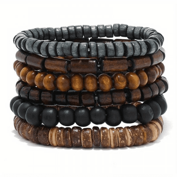 6pcs Set Mens Brown Black Beaded Vintage Wooden Wristband Bangle Bracelet Gift