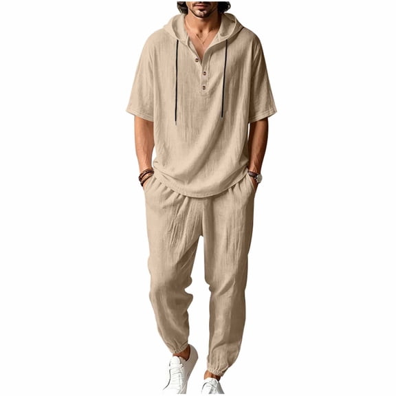 JUUYY Mens 2 Piece Linen Set Long Sleeve Button Down Casual Hoodie Shirt and Loose Jogger Pants Sets Beach Vacation Summer Outfits Khaki XXXL