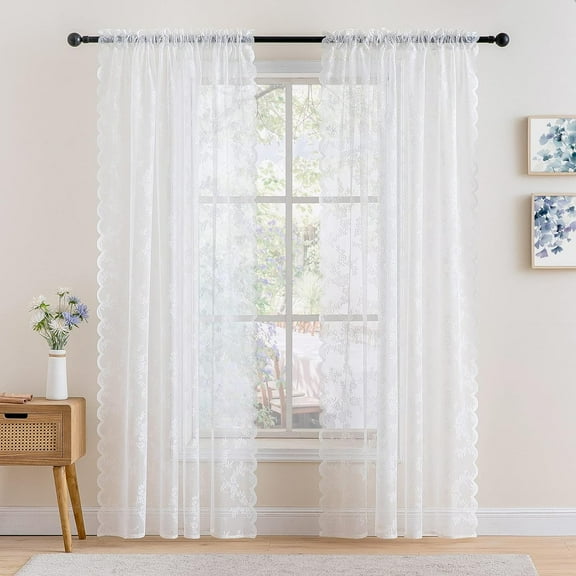 EFINNY Pure White Floral Sheer Lace Curtains Window Drapes for Bedroom, Rod Pocket Rose Knitted Floral Embroidery Tulle Lace Vintage to Light Filtering Airy (1 Panel)