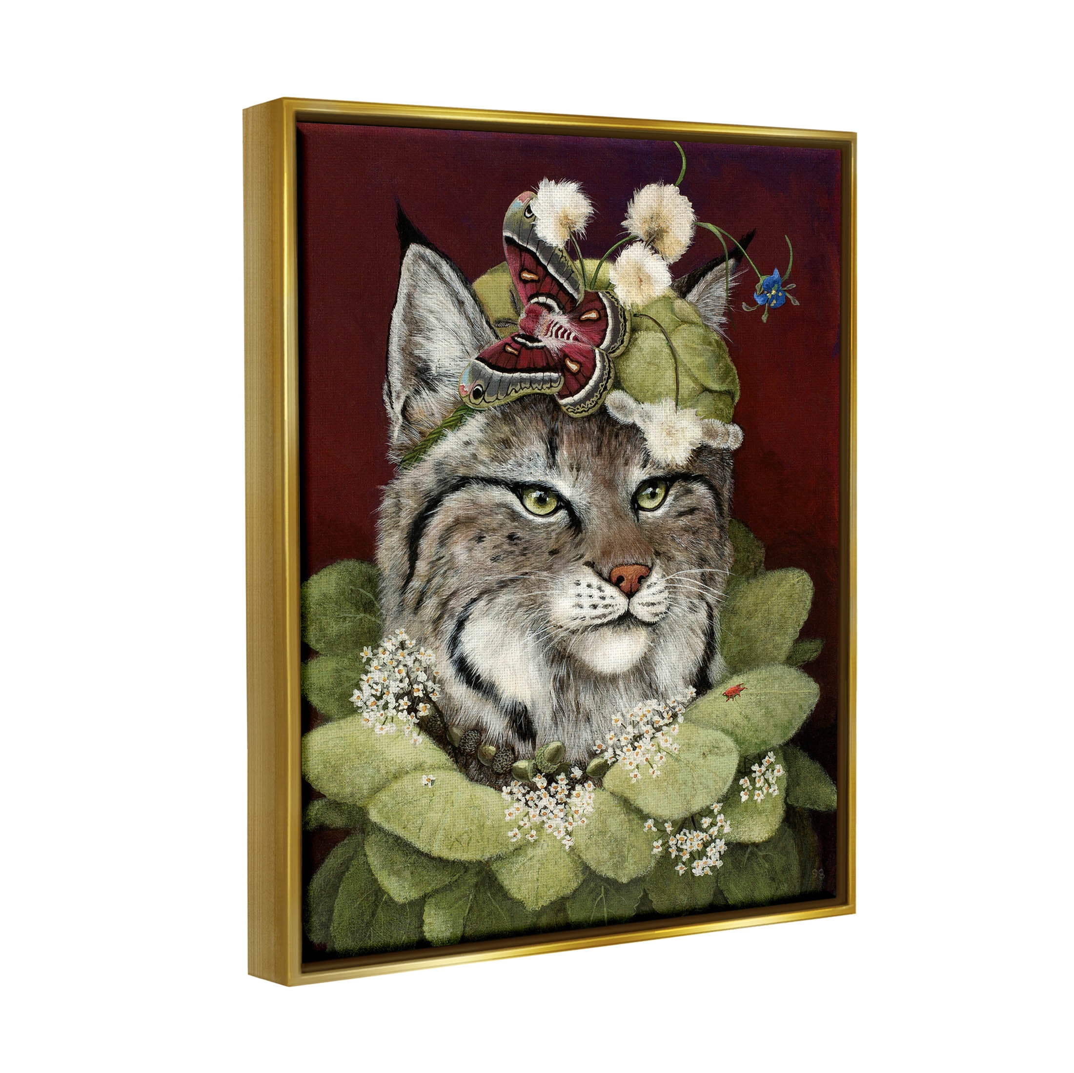 Stupell Industries Bobcat Wearing Leaf Outfit Painting Metallic Gold Floating Framed Canvas Print Wall Art, Design by Carolyn Schmitz