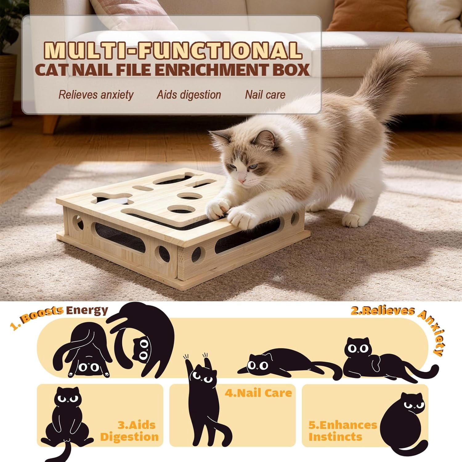 Cat Scratch Puzzle Enrichment Box, Cat Nail File Enrichment Box Sandpaper, Interactive Cats Treat Toy Stress Free, Scratchers That Trim Nails