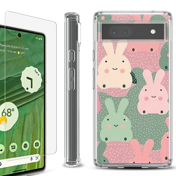 Shockproof Bumper Phone Case for Google Pixel 6a, with Tempered Glass Screen Protector, by OneToughShield ® - Bunny Mix