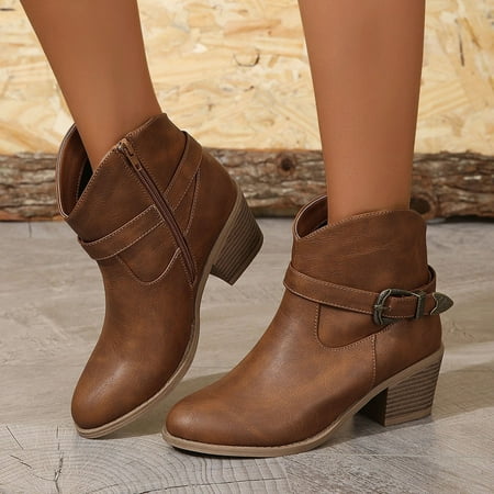 

Fesfesfes Faux-Leather Boots for Women Shoes Pointed Toe Color Warm Casual Retro Low Heel Stitching Fashion Belt Middle Ankle Boots 5.5(36)