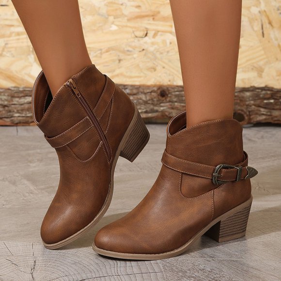 Amzcrzy Ankle Boots for Women Women's Shoes Pointed Toe Color Warm Casual Retro Low Heel Stitching Fashion Belt Middle Ankle Boots Womens Booties Women's Boots Booties for Women Boots for Women