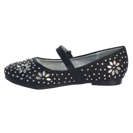 Little Girls Black Glitter Floral Stud Flat Shoes 5-10 Toddler
