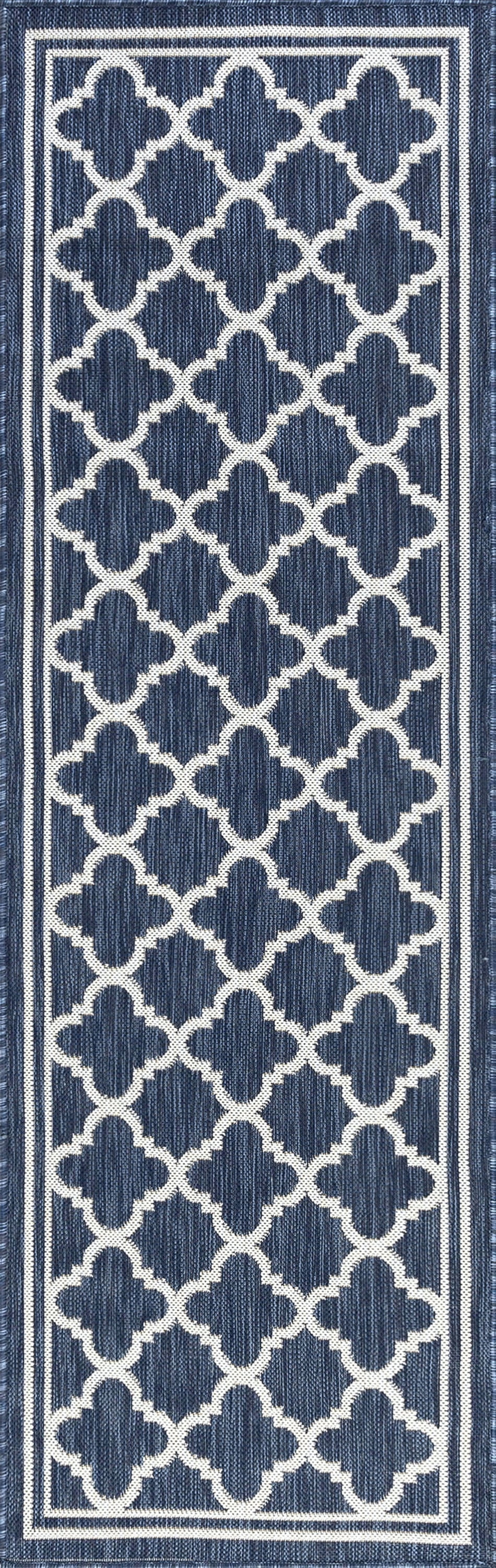 2x8 Water Resistant, Indoor Outdoor Runner Rugs for Patios, Hallway, Entryway, Deck, Porch, Balcony or Kitchen | Outside Area Rug for Patio | Navy, Geometric | Size: 2'3'' x 7'3''