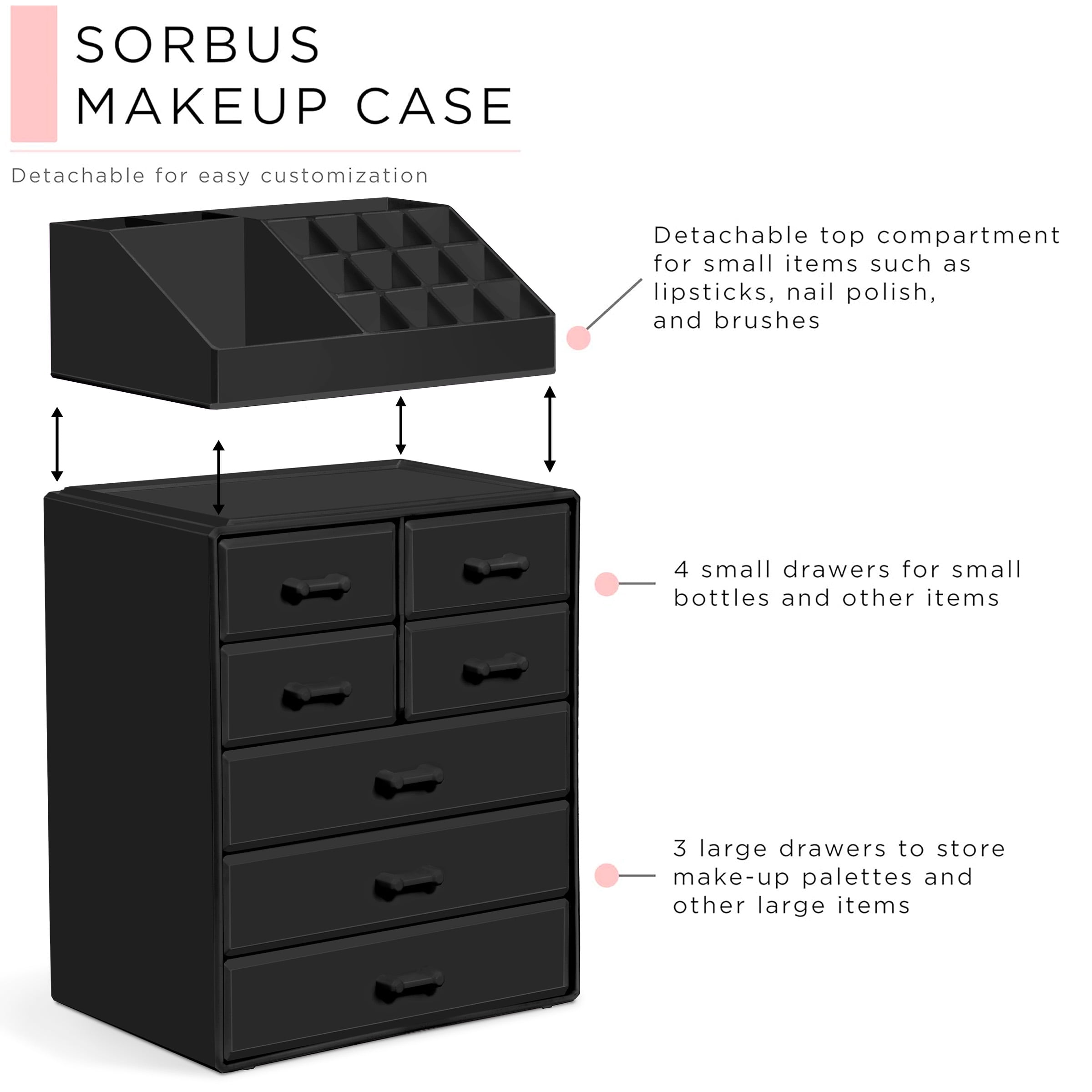Sorbus Makeup Organizer, Acrylic Storage Case with 3 Large & 4 Small Drawers, 16 slots, Black