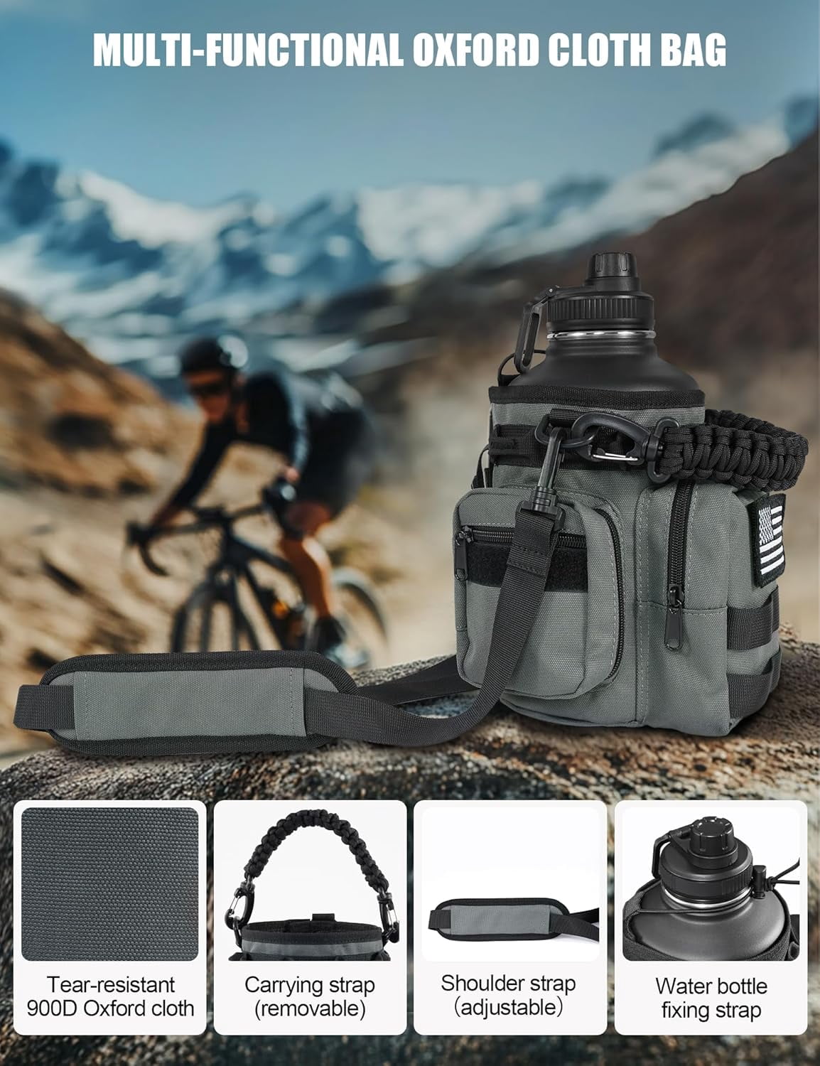 Tactical Half Gallon Water Bottle with Straw, 64 oz Insulated Water Jug with Molle Sleeve, Stainless Steel Sport Battle Bottle with 3 BPA Free Lids for Gym Workout Hiking (Gray)