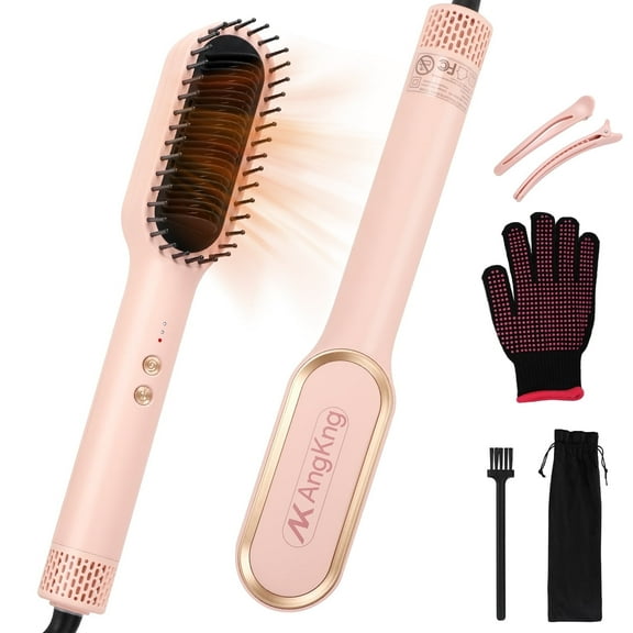 AngKng Hair Straightener Brush, Anti-Scald Ceramic Heat Comb, 30s Fast Heating, Dual Voltage, Pink