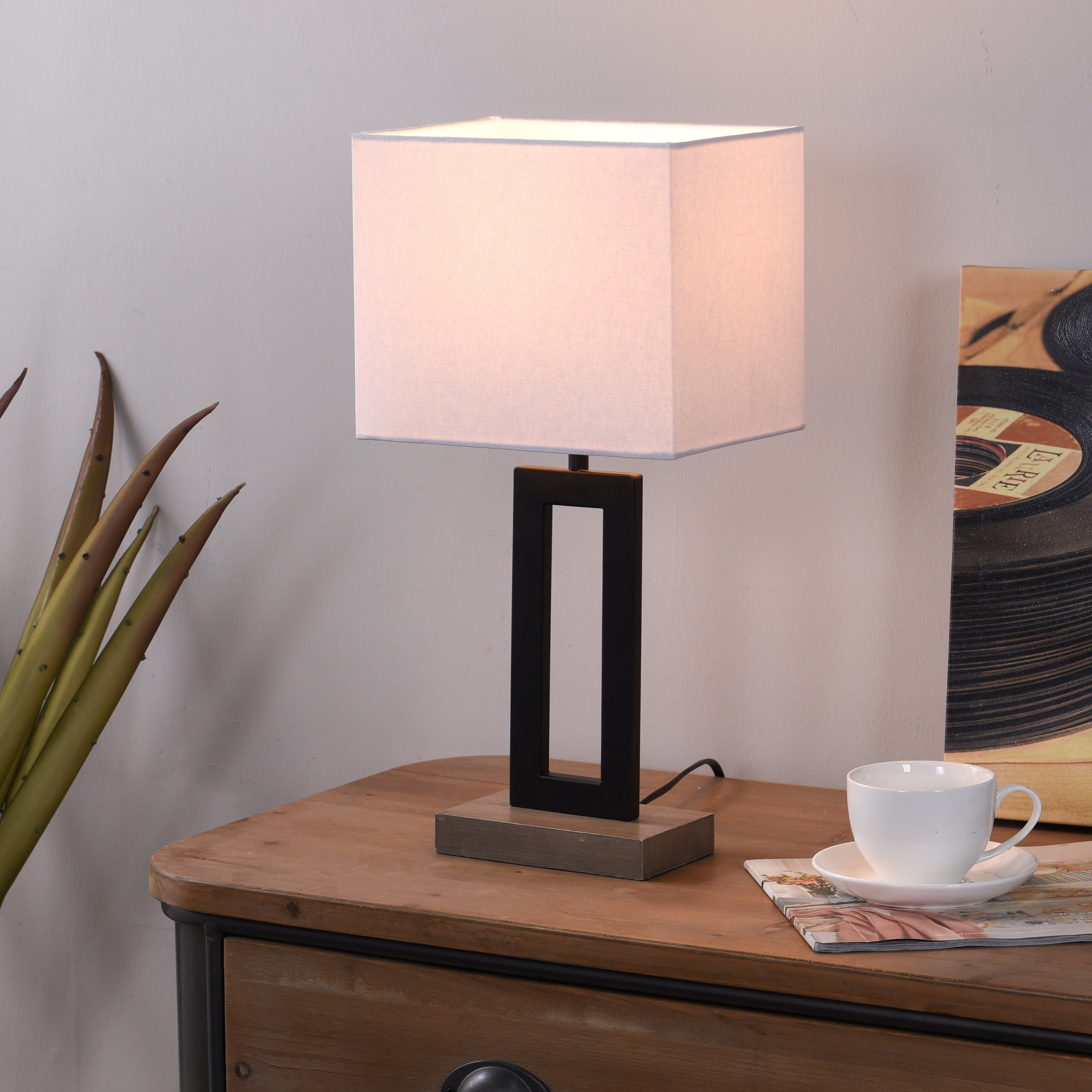 Better Homes & Gardens 18"H Metal Windowpane Table Lamp, Black Finish with Faux Wood Base