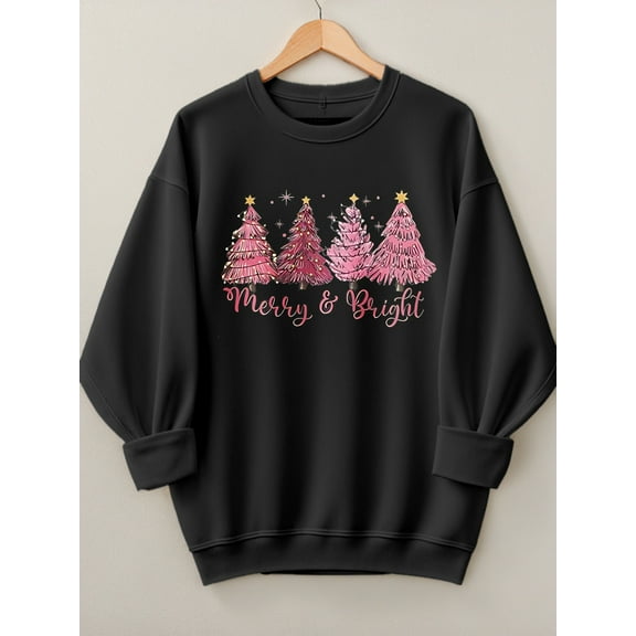 Woman Christmas Shirt Christmas Tree Graphic Sweatshirt Casual Long Sleeve Black Top