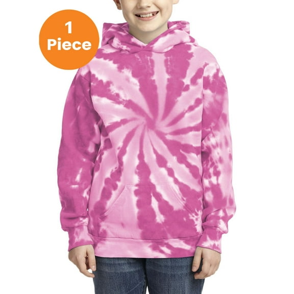Port & Company PC146Y Youth Essential Tie-Dye Pullover Hooded Sweater, Pink, S, Sweatshirts & Hoodies