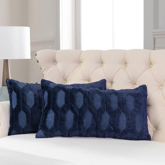 Home Soft Things 2-Pc Tatami Embroidery Plush Faux Fur pillow covers - Dark Sapphire - 14"x26"
