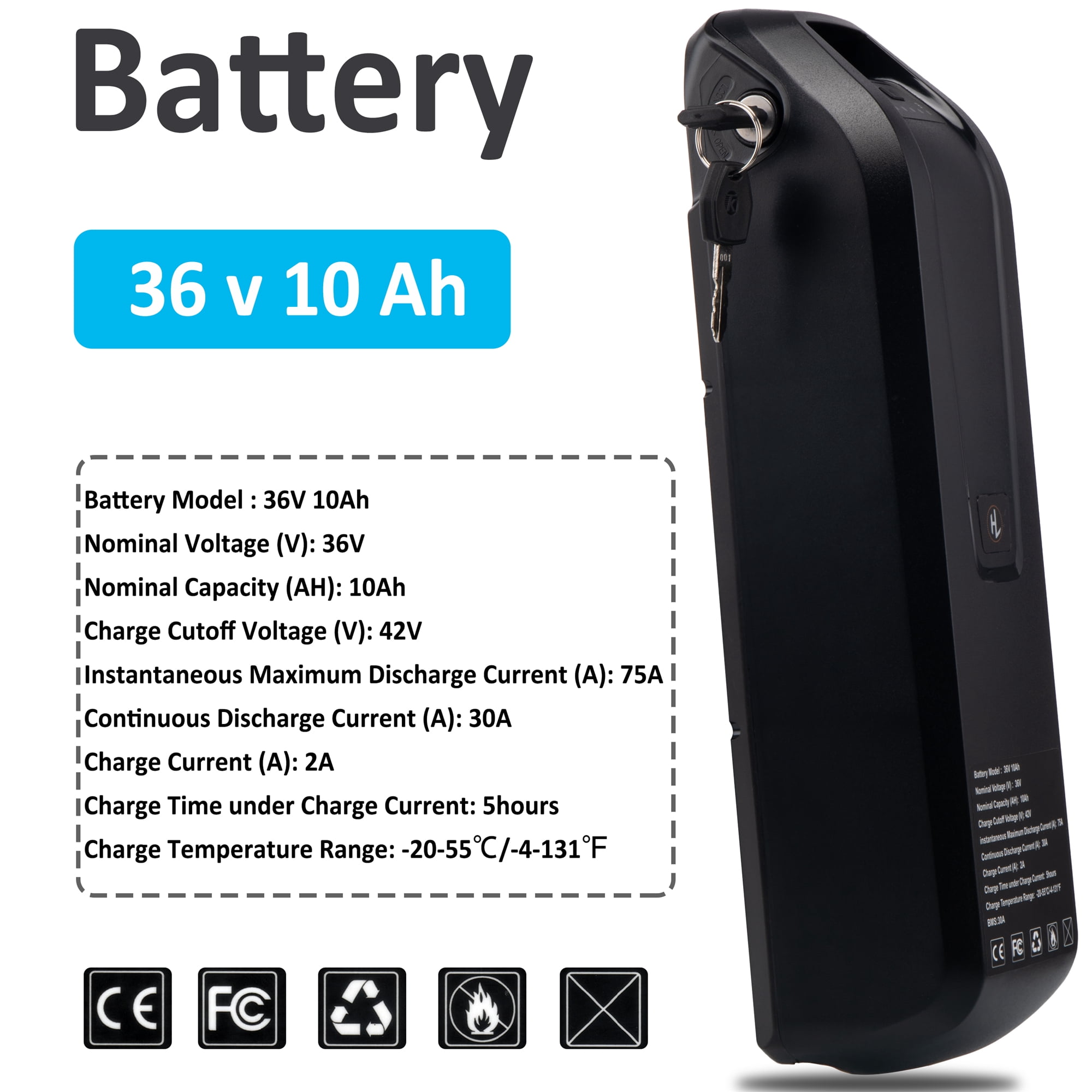 CAO MM Ebike Battery 36V 10Ah Lithium Battery Rechargeable 36V Battery 5 Pin for 1000W Electric Bike