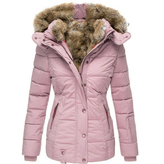 Fashnice Manteau Femme Couleur Unie Veste Épaisse à Fermeture Éclair Ajustée à Capuche Rose 3TG