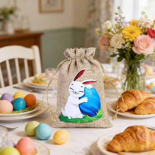 RKSTN Polyester basket Easter-themed Gift Bags And Featuring Rabbits And Easter Egg Patterns On A Burlaps-like Fabric And Perfects For Holiday Parties And Decorations room decor