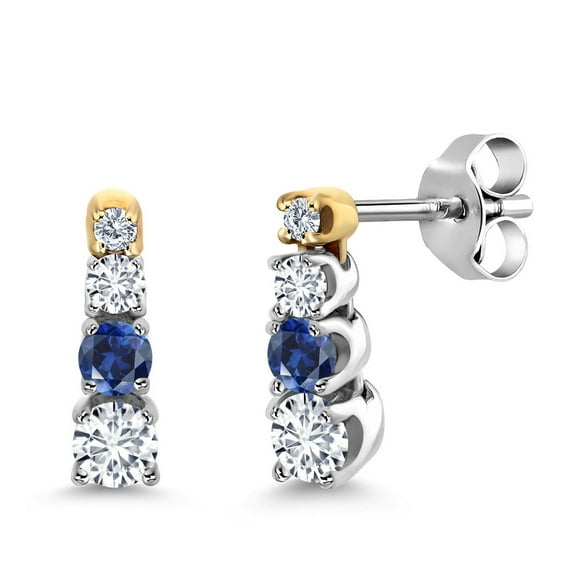 Gem Stone King 0.38 Ct E-F Lab Grown Diamond Blue Created Sapphire and Created Moissanite 925 Silver and 10K Yellow Gold Earrings