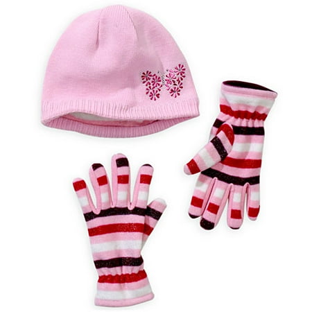 Girl's Stripe and Butterfly Glittered Fleece Beanie & Gloves Set