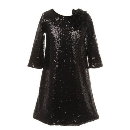 Kids Dream Little Girls Black Sequin Floral Adorned Flower Girl Dress