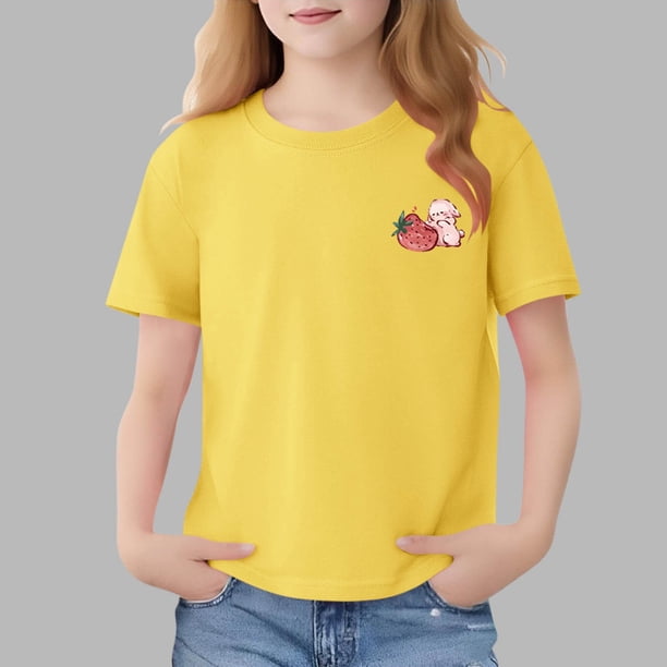 Blusas y camisas de manga corta con cuello redondo para niños Camiseta de verano de manga corta estampada para niñas Jersey elegante de cuello redondo para niñas Top de algodón para niños
