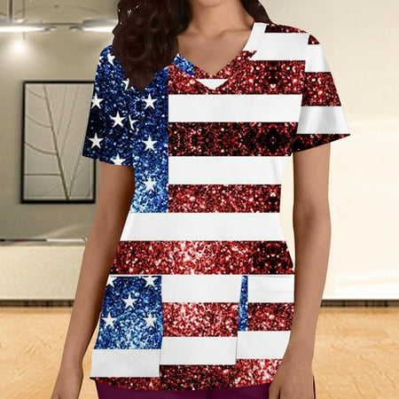 

Lolmot 4th of July Scrub Tops Women V Neck American Flag Prints Tshirts Independence Day Patriotic Working Uniforms Pocketed Holiday Shirt on Clearance