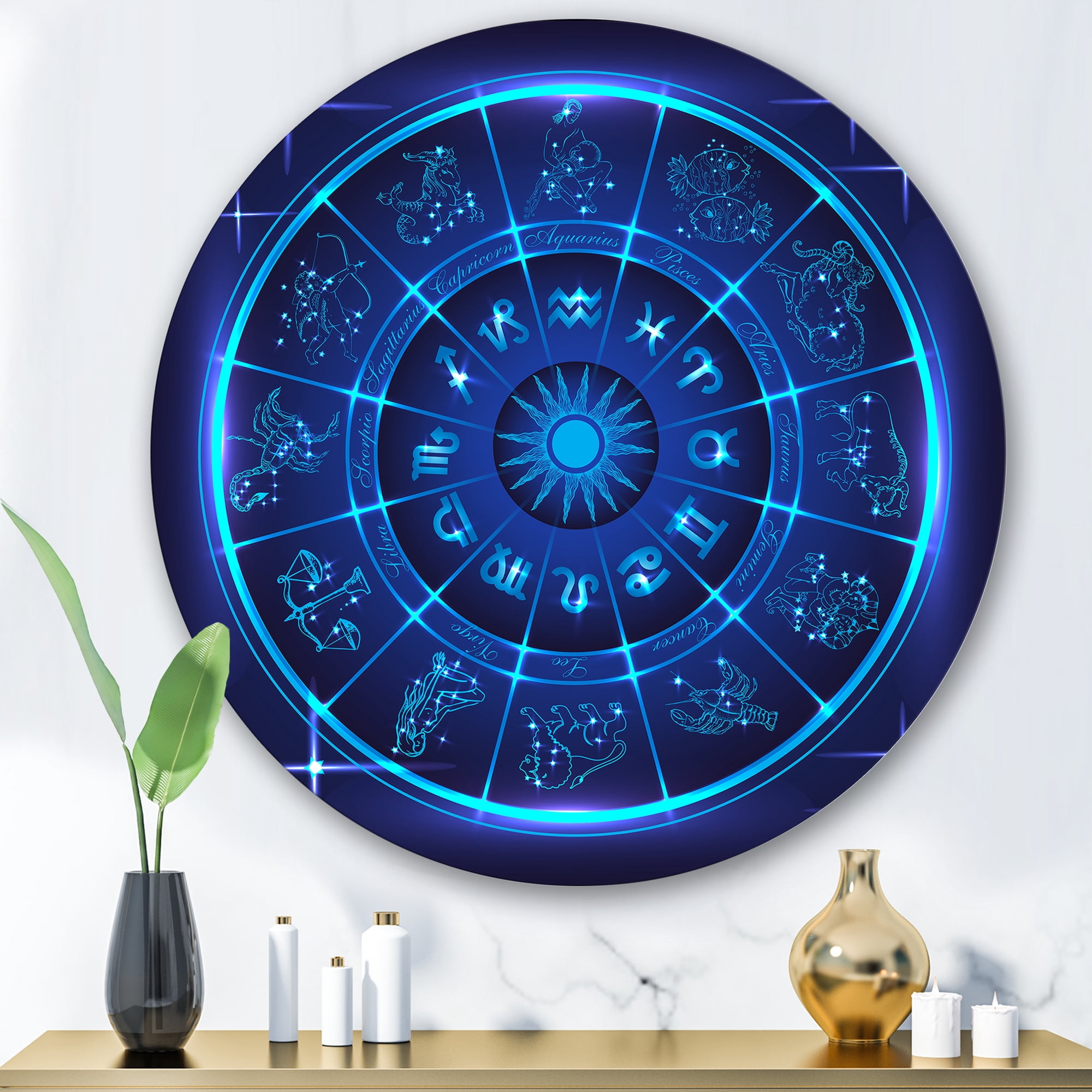 Designart 'Zodiac Signs With Neon Deep Blue Horoscope Circle' Modern Circle Metal Wall Art 36x36 - Disc of 36