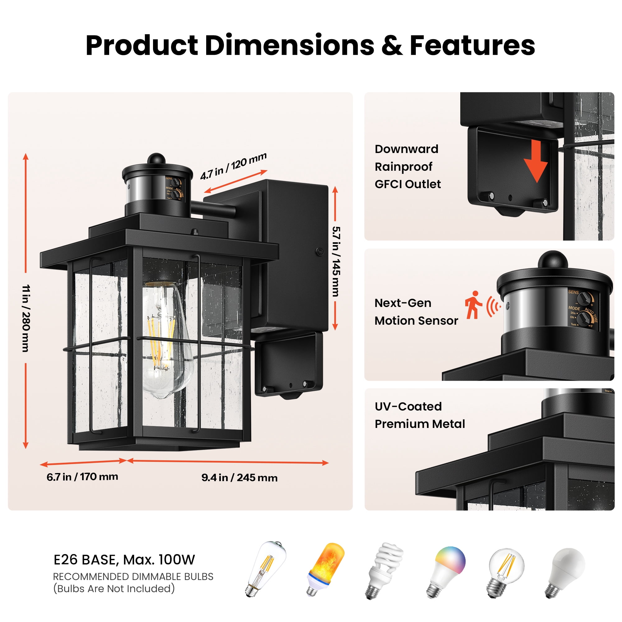 Gleamz Motion Sensor Porch Light with GFCI Outlet, Black Outdoor Wall Light with Outlet, Waterproof  Exterior Wall Lantern for Garage, Patio
