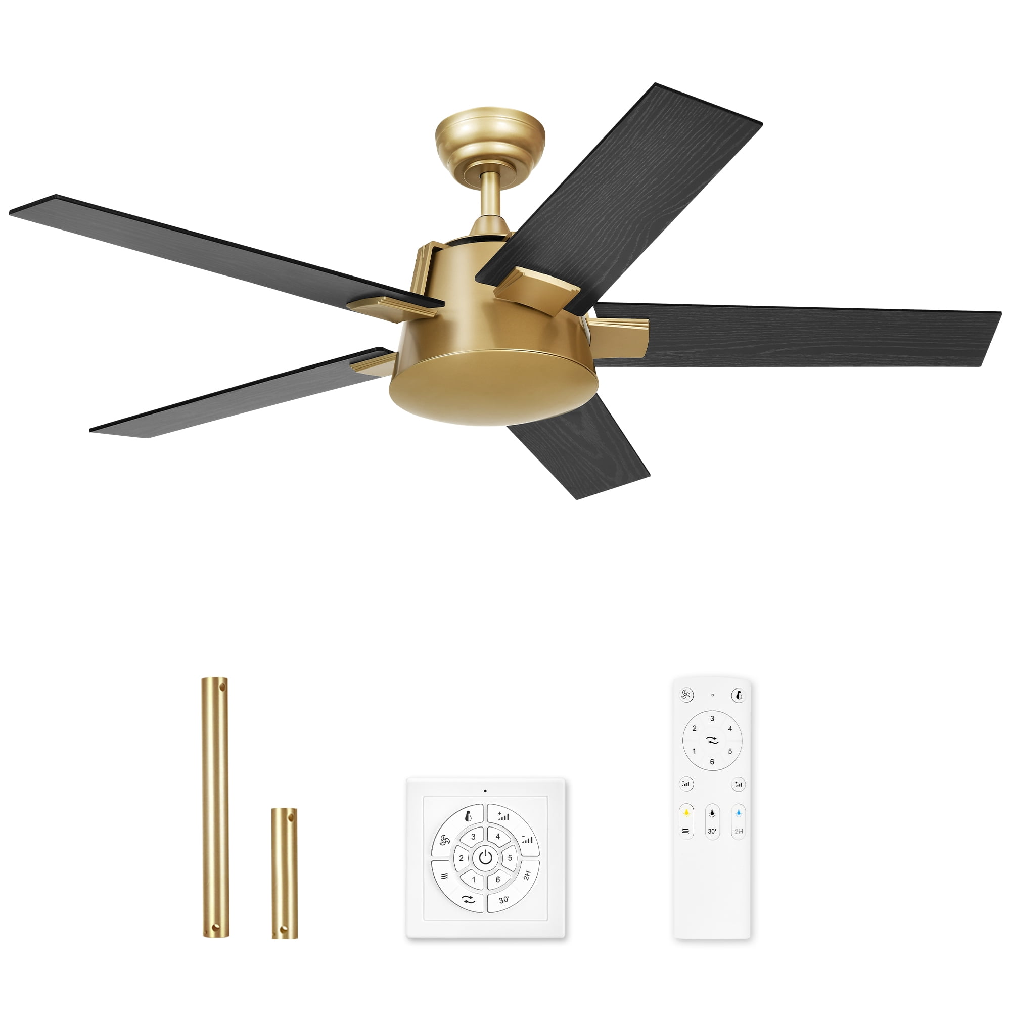 Uforic 52 Inch Modern Black Gold Ceiling Fan with Wall Switch Remote,Ceiling Fan No Lights for Indoor Outdoor