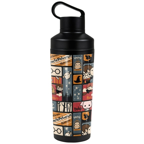 Harry Potter Official Cute Chibi Pattern 18 oz Insulated Water Bottle, Leak Resistant, Vacuum Insulated Stainless Steel with 2-in-1 Loop Cap