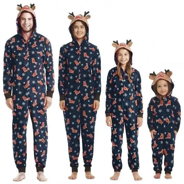 2023 Cartoon Cute Elk Ear Print Christmas Matching Outfits Parent-child Zipper Hooded Jumpsuit Rompers Xmas Family Look Outfits