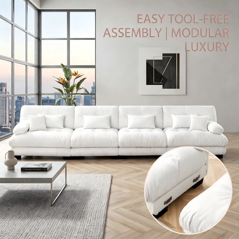 ANPPORT Cloud Couch Sleeper Sofa, Chenille White 4-Seater Modular Sofa, 4 Lumbar pillows, 2 Pillows, Comfy Deep Seat Cloud Sofa, Convertible L-Shaped Floor Couch for Living Room