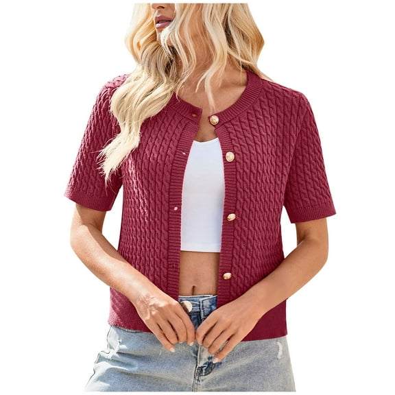 Womens Jackets Fall Fashion New Cardigan Sweaters for Women Fall Crew Neck Short Sleeve Button down Cropped Cable Knitted Coat Tops Red S