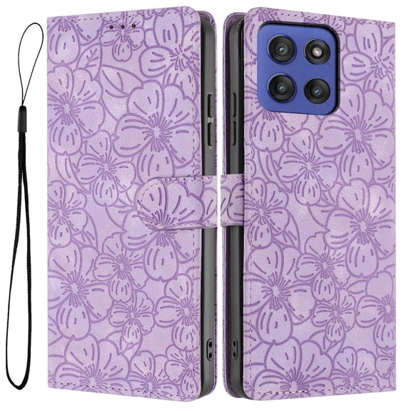 Allytechgroup for Moto G Stylus 5G 2025 Wallet Case with Lanyard, Premium PU Leather Flower Embossed Cards Slots Stand Flip Cover Magnetic Closure Phone Case for Moto G Stylus 5G 2025, Purple