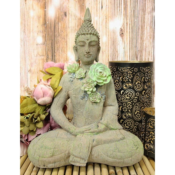 Ebros Shakyamuni Buddha With Ushnisha Head And Floral Succulents Statue 15" Tall